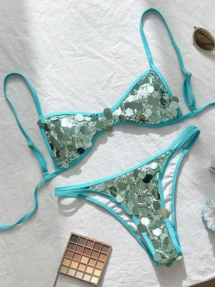 Maillot de bain femme deux pièces, ensemble bikini échancré, maillot de bain tendance, paillettes scintillantes, bikini dos nu