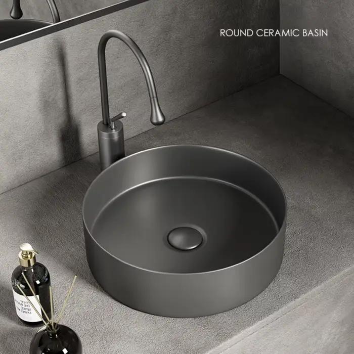 Lavabo de salle de bain moderne en céramique : blanc/gris foncé, finition mate, diamètre 36 cm/14 pouces, adapté à la vanité de salle de bain (sans robinet)