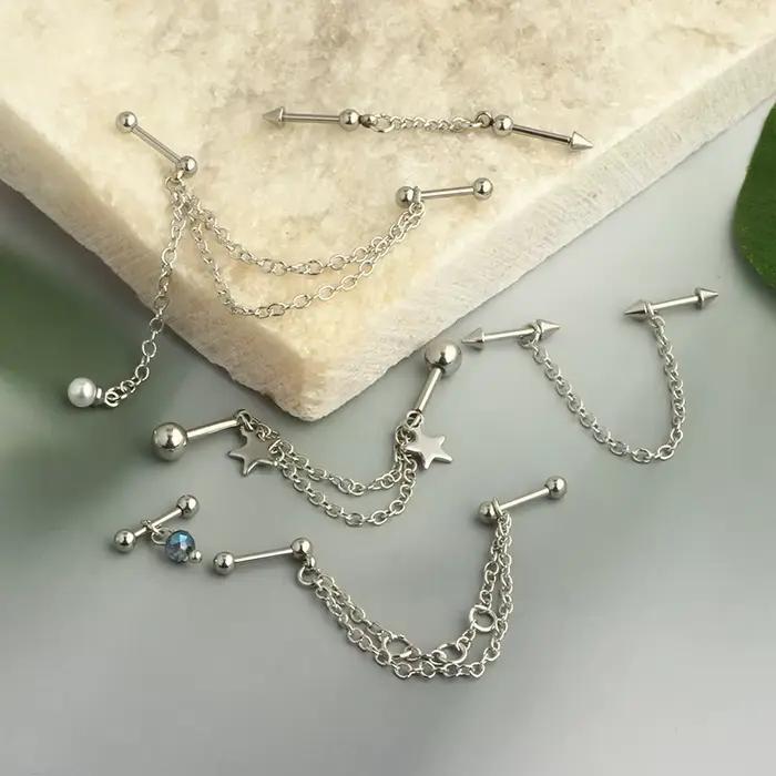Boucles d'oreilles en chaîne de perçage industrielle pour femmes, couleur argent, mode oreille Cartilage Helix haltère en acier chirurgical, bijoux cadeaux, nouvelle collection