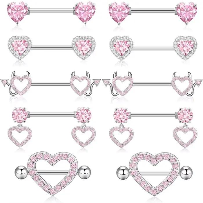 Bijoux de piercing pour tétons en acier inoxydable 14G plaqué or, anneaux de téton roses, rouges et argentés pour femmes, barres de téton mignonnes en forme de cœur et de cerise