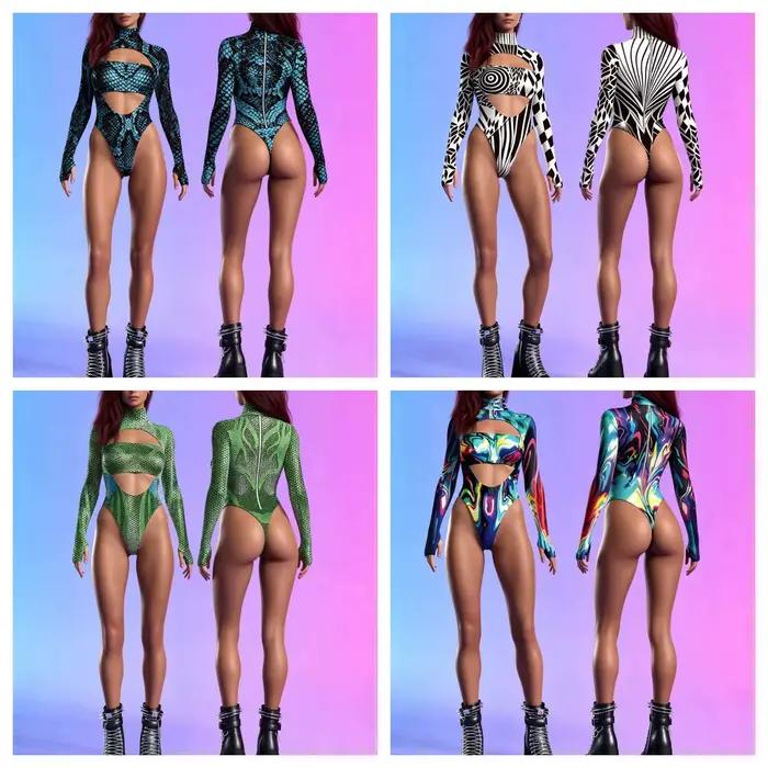Nouvelle Arrivée Été Vente Flash Maillot de Bain Une Pièce Femme à Manches Longues Imprimé Numérique 3D Tendance Personnalisé Décontracté