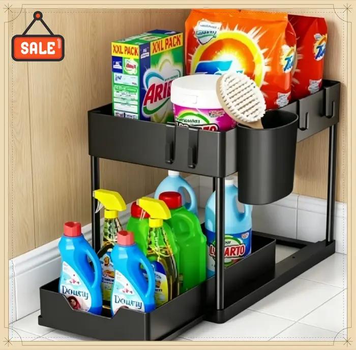 Organisateur sous évier pour cuisine et salle de bain, panier de rangement coulissant à 2 niveaux, étagère polyvalente avec accessoires de suspension pour tasses et crochets