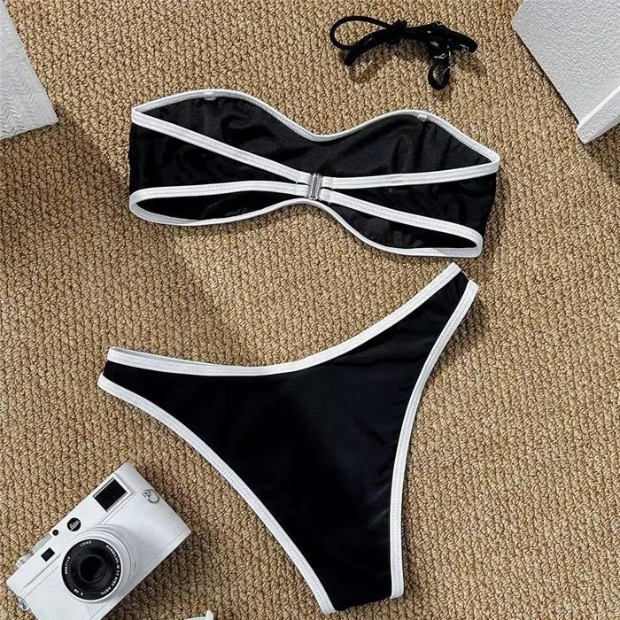Noir Bandeau Micro Bikini string Sexy maillot de bain femmes 2026 bord blanc maillots de bain de vacances jambe haute coupe maillot de bain Bikinis ensembles