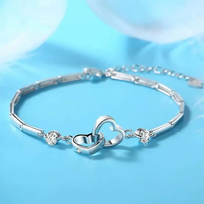 Bracelets en argent Sterling 925 pour femmes, breloques, cadeau de saint-valentin, Zircon cubique, Double cœur, bijoux, nouvelle collection