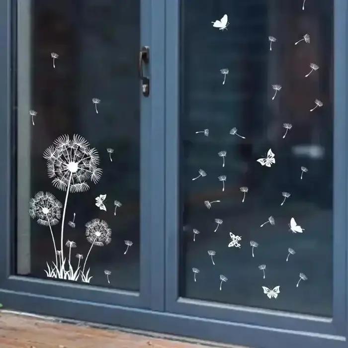 Nouveau papier peint de décoration de noël pour la maison, autocollant mural électrostatique blanc pissenlit papillon, fenêtre en verre, décalcomanies à motif Double face