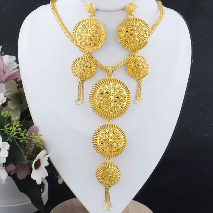 Ensemble de bijoux de luxe pour femmes, dubaï, à la mode, boucles d'oreilles, collier, cadeau pour mariage, indien, arabe, plaqué or, pour fête