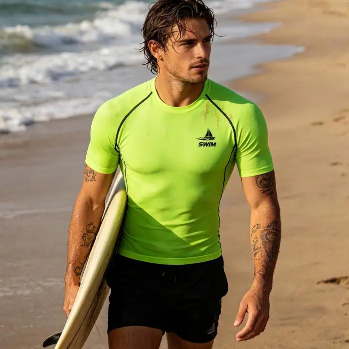 Maillot de bain de plage à manches courtes pour hommes, imprimé, avec protection anti-rayures, T-shirt de plage résistant à l'eau et à séchage rapide - J29