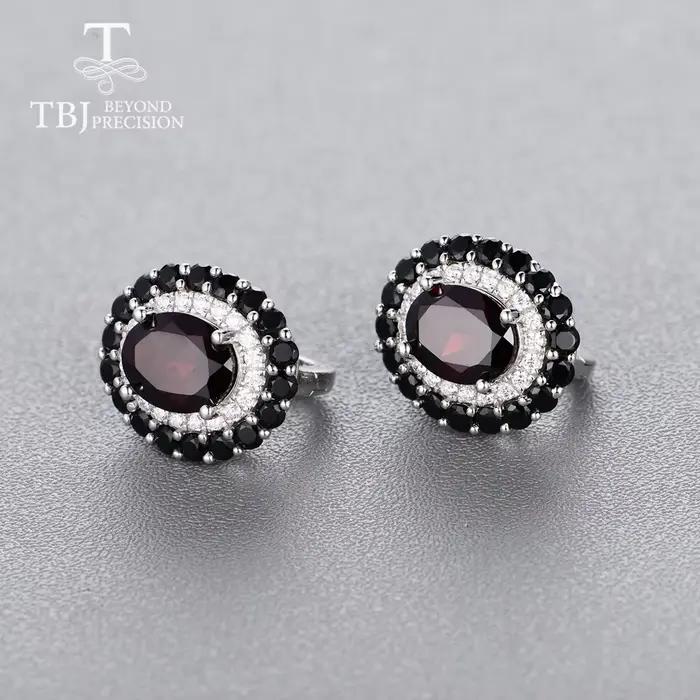 TBJ-Ensemble bague et boucles d'oreilles en argent regardé 925 pour femme, pierre précieuse grenat noir naturel, bijoux fins, fête et tenue quotidienne, nouveau style