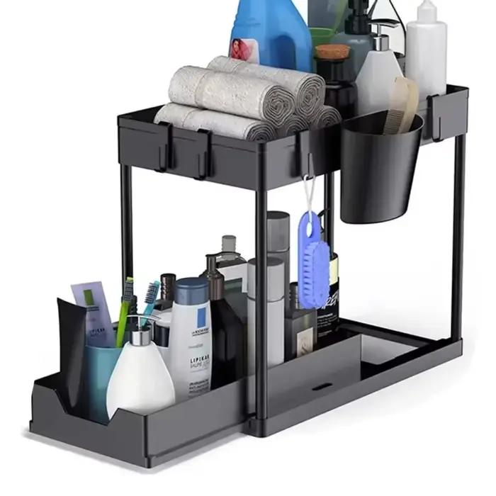 Organisateur sous évier pour cuisine et salle de bain, panier de rangement coulissant à 2 niveaux, étagère polyvalente avec accessoires de suspension pour tasses et crochets
