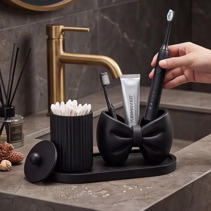 Ensemble d'accessoires de salle de bain mats, kit de toilette haut de gamme avec gobelet porte-brosse à dents, distributeur de savon, pot à coton-tiges et plateau, cadeau idéal pour l'inauguration d'u