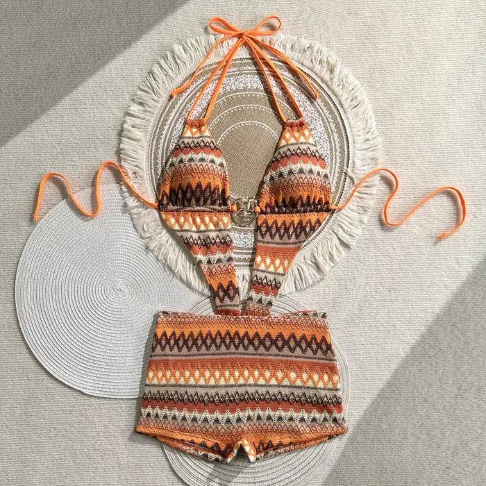 Maillot de bain une pièce tricoté multicolore orange pour femme avec découpe et détail anneau étoile de mer, bretelles halter pour fête de plage et vacances