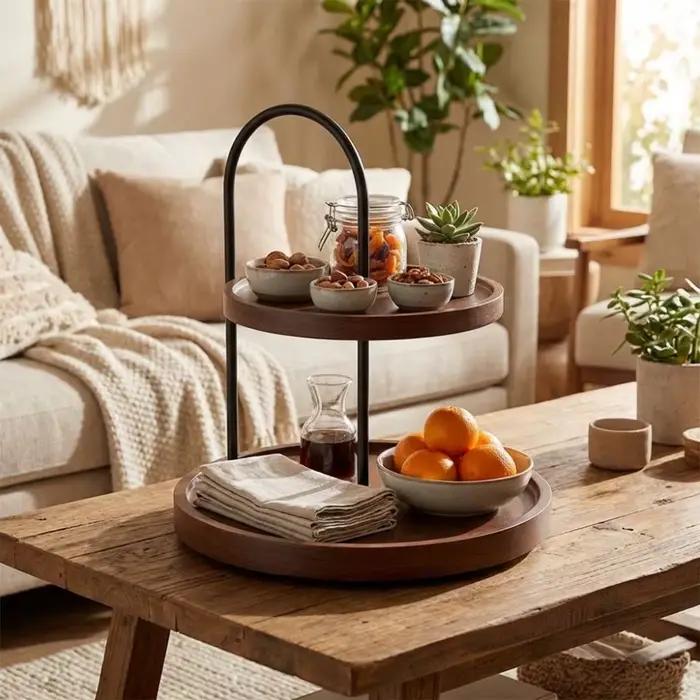 Support de plateau de service en bois, gain de place, décoratif, porte-clés, grande capacité, double couche, support à deux niveaux pour comptoir de salle de bain