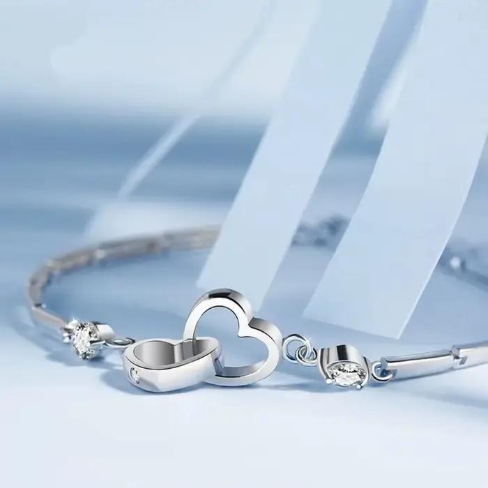 Bracelets en argent Sterling 925 pour femmes, breloques, cadeau de saint-valentin, Zircon cubique, Double cœur, bijoux, nouvelle collection