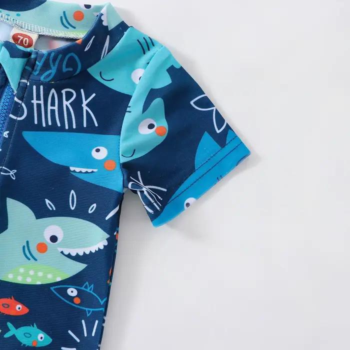 Maillot de bain à manches courtes pour bébé garçon, imprimé requin, avec fermeture éclair, pour l'été