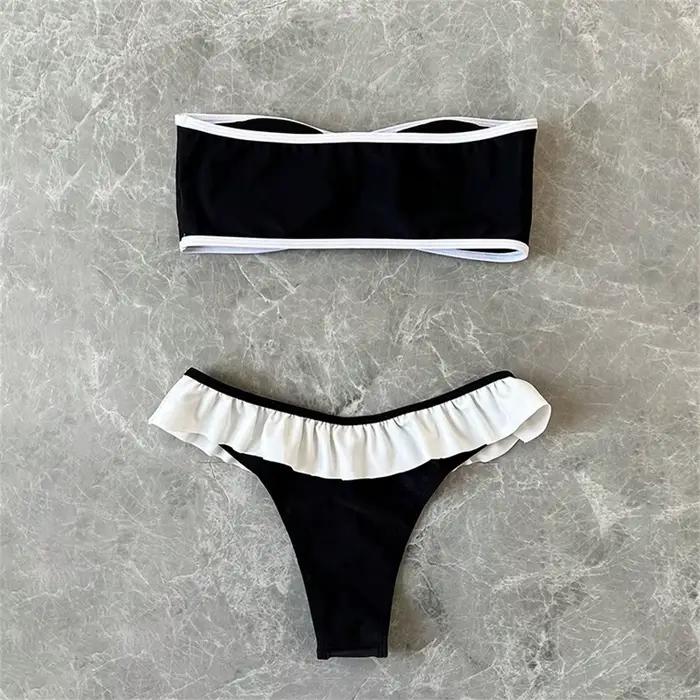 Maillot de bain Bandeau noir Bikinis ensembles blanc bordure à volants maillot de bain Bikini string femmes plage maillot de bain Biquini Feminino