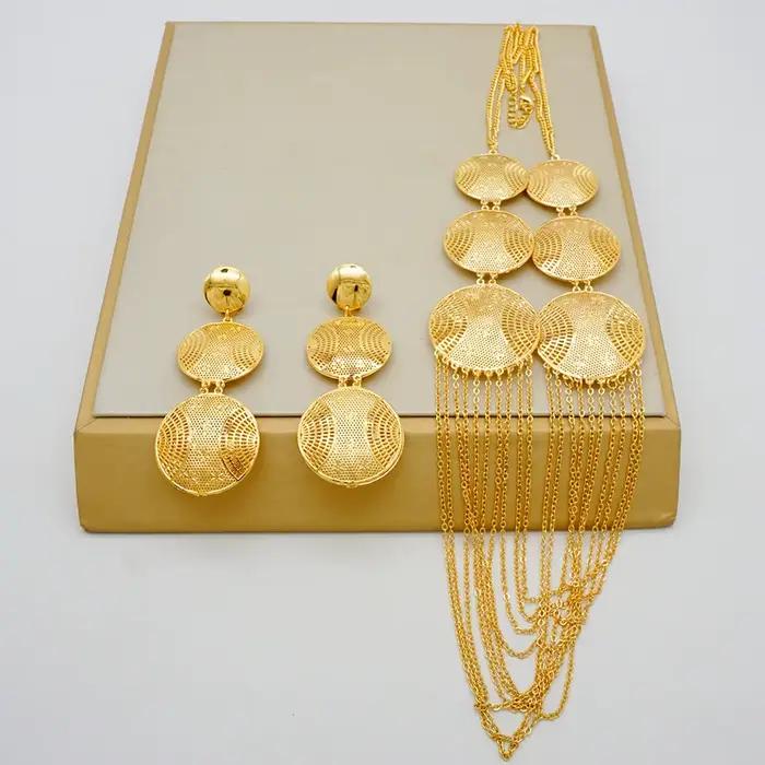 Ensemble de bijoux couleur or pour femmes, collier rond, boucles d'oreilles, adaptés aux cadeaux de mariage, de fête et de Banquet, à la mode, dubaï, inde et afrique
