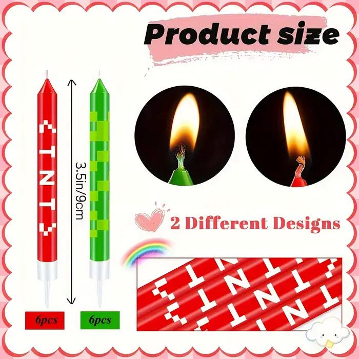 Lot de 12/24 bougies vertes à pixels pour gâteau, décoration sur le thème du TNT rouge, bougies à vœux vertes, décorations de bougies pour gâteau d'anniversaire, cadeau
