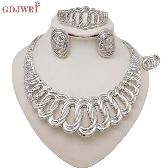 Ensemble de bijoux plaqué or de Dubaï pour femme, grand collier de luxe, boucles d'oreilles originales, bague et bracelet, olympiques de mariage