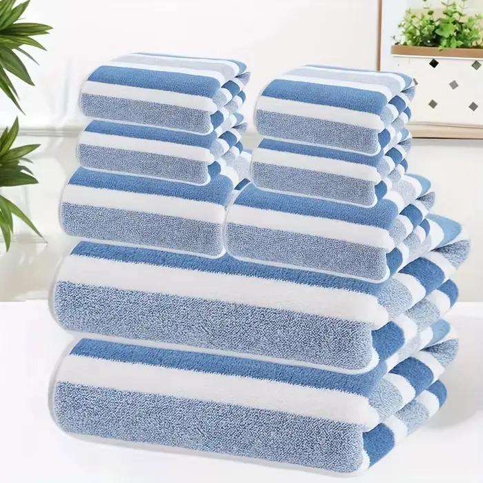 Ensemble de 8 serviettes de bain super douces, sans peluches et très absorbantes, serviettes rayées de qualité hôtelière en 2 couleurs, 2 grandes, 2 moyennes, 4 petites
