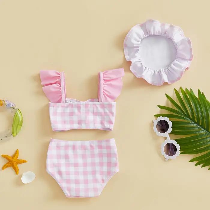 Enfants 3 pièces maillots de bain bébé fille Bikini maillot de bain infantile maillot de bain décontracté nouveau-né maillots de bain Plaid mouche manches débardeurs Shorts