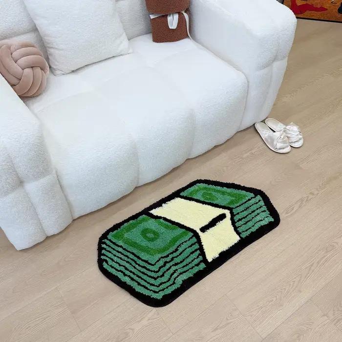 Tapis touffeté vert Dollar de dessin animé, tapis de salle de bain, paillasson d'entrée, sol antidérapant, décoration esthétique pour la maison