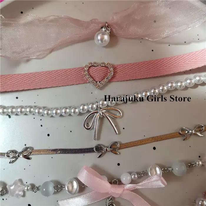 Chapelet coeur arc Fairycore perles tour de cou rose dentelle collier Y2K Pixie Fairycore Cottagecore collier bijoux accessoires cadeau