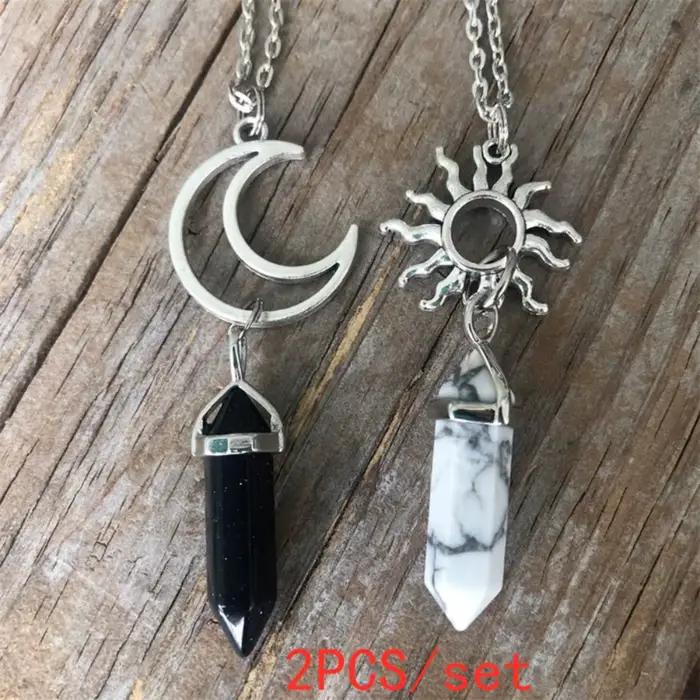 Ensemble de 2 colliers bohèmes avec pendentif soleil et lune en cristal pour couple