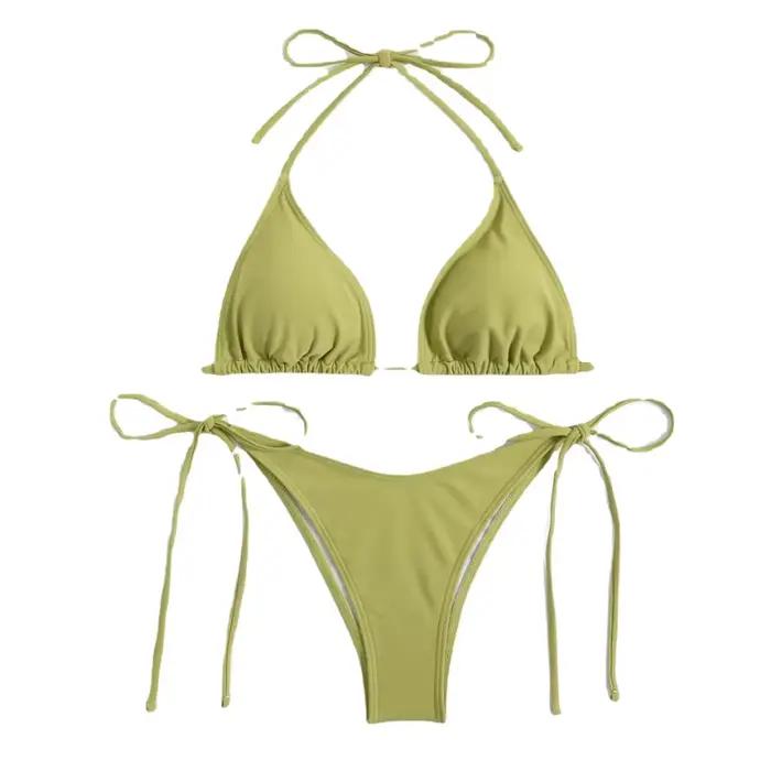 Sexy femmes string couleur unie Bikini ensemble côté licou cravate maillot de bain dames sangle fendue réglable maillot de bain brésilien maillots de bain