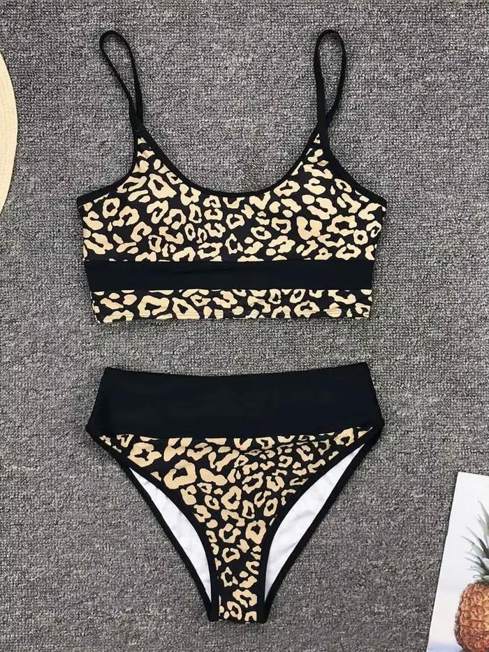 Maillot de bain bikini sexy doré imprimé taille haute pour femme, ensemble deux pièces, maillot de bain à empiècements V1717