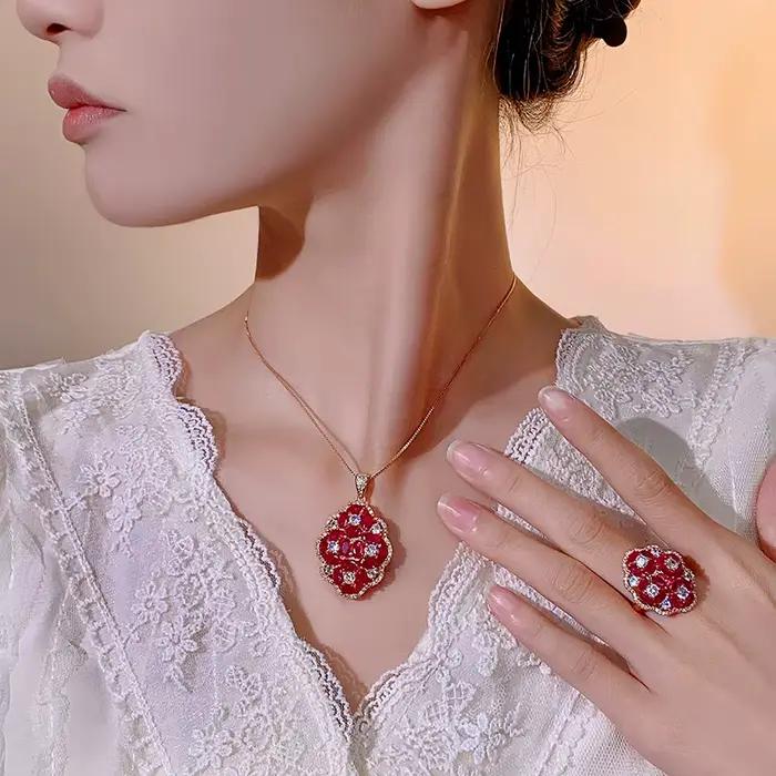 Bijoux en Zircon rubis rouge or Rose, Vintage, forme florale, anneau réglable, pendentif, collier, déclaration pour femmes, cadeau de fête de mariage