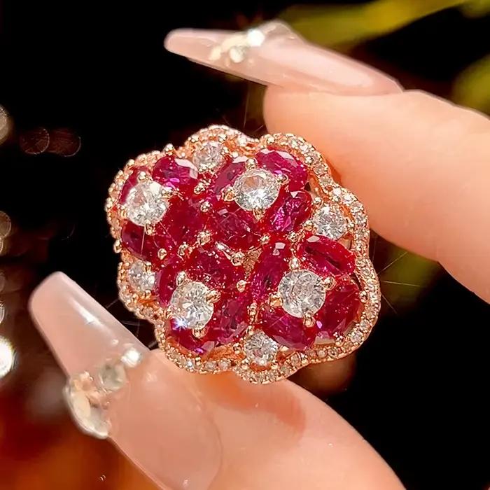 Bijoux en Zircon rubis rouge or Rose, Vintage, forme florale, anneau réglable, pendentif, collier, déclaration pour femmes, cadeau de fête de mariage