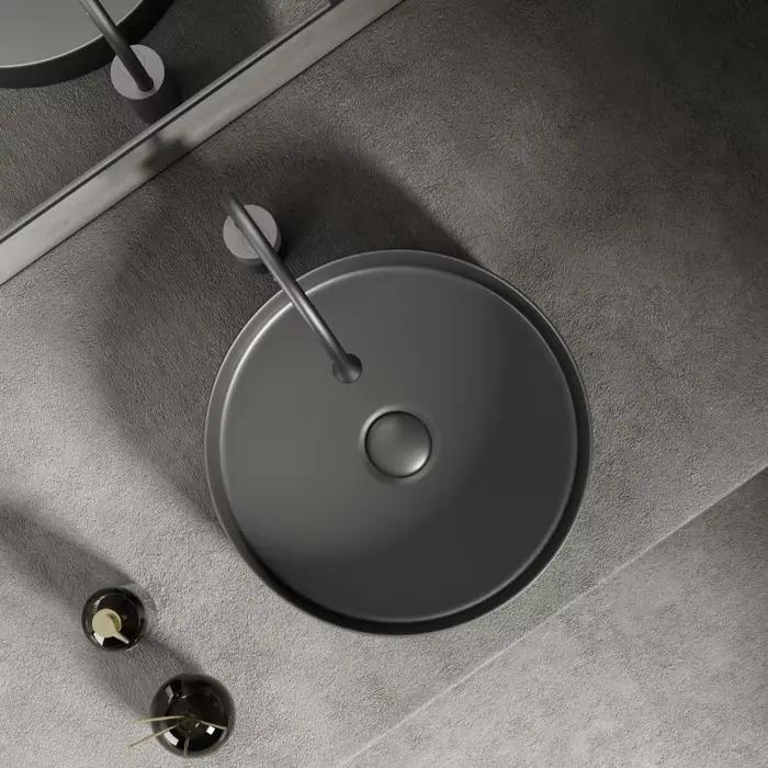 Lavabo de salle de bain moderne en céramique : blanc/gris foncé, finition mate, diamètre 36 cm/14 pouces, adapté à la vanité de salle de bain (sans robinet)