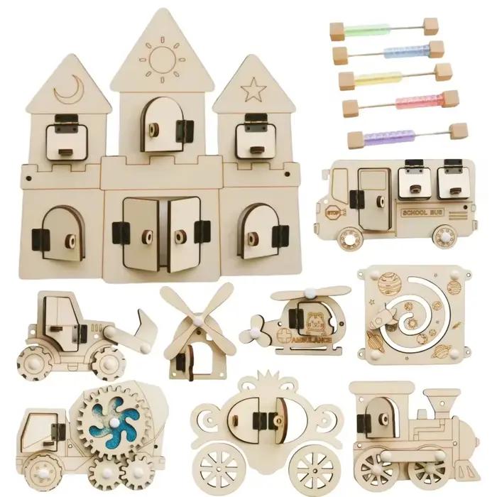 Planche occupée Montessori, accessoires en bois, bricolage, calcul précoce des boules, Bulldozer, château, hélicoptère, jouet éducatif pour enfants, cadeaux