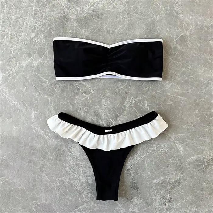 Maillot de bain Bandeau noir Bikinis ensembles blanc bordure à volants maillot de bain Bikini string femmes plage maillot de bain Biquini Feminino
