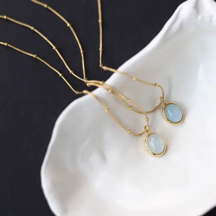 Amaiyllis naturel aigue-marine pierre ovale pendentif collier minimaliste délicat