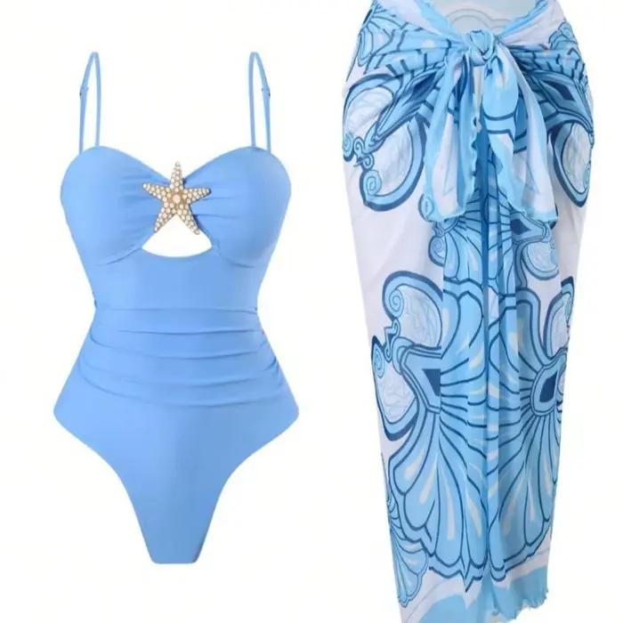 Ensemble de maillots de bain vintage à imprimé floral orange pour femme, maillot de bain une pièce avec motif étoile de mer évidé et contrôle du ventre, idéal pour les vacances
