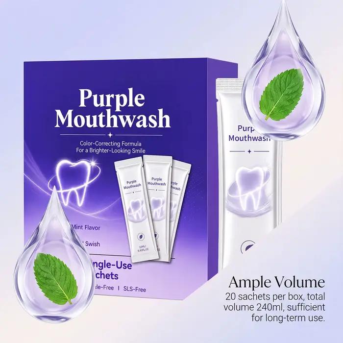 Sachets de bain de bouche violets de 12 ml sans alcool, menthe fraîche, pour voyage, rafraîchissement de l'haleine, nettoyant buccal jetable