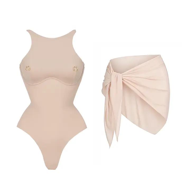 Maillot de bain sexy pour femme avec jupe, ensemble bikini, maillot de bain à coupe haute, tenue de plage, vêtements de villégiature, été, biquini