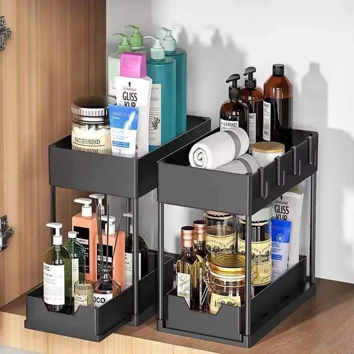 Organisateurs et rangement sous évier à 2 niveaux, organisateurs coulissants en forme de L sous salle de bain, armoires de cuisine, organisateur d'évier à espace étroit