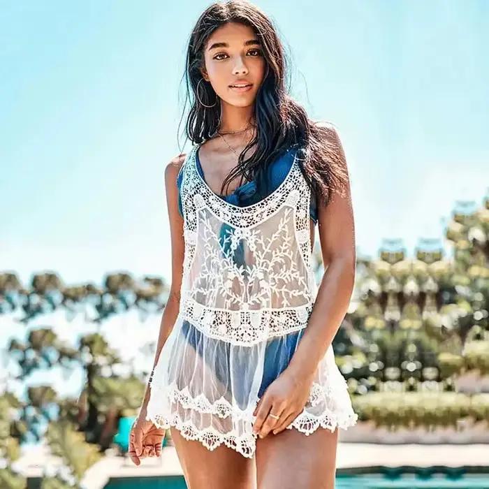 Tunique blanche sexy sans manches pour femmes, cover up pour bikini, blouse décontractée, vêtements de plage, été