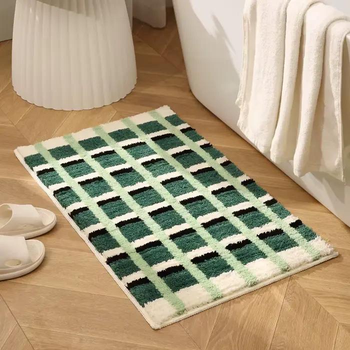 VIKAMA Tapis de salle de bain à carreaux vert et blanc, patchwork tricolore, motif géométrique, tapis antidérapant pour salle de bain, décoration de la maison