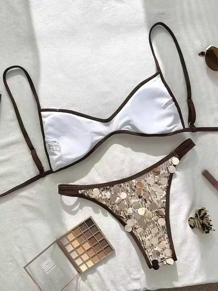 Maillot de bain femme deux pièces, ensemble bikini échancré, maillot de bain tendance, paillettes scintillantes, bikini dos nu