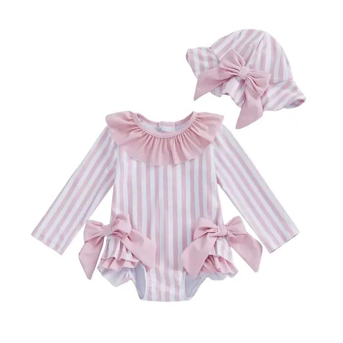 Maillot de bain pour bébés filles, Bikini à nœud rayé avec chapeau, maillot de bain pour nouveau-né, pour le bain d'été