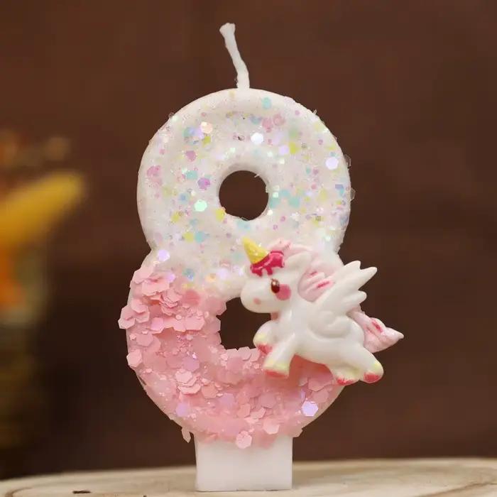 Bougies joyeux anniversaire licorne rose, décoration de bébé de 4 ans pour gâteau, bougie d'anniversaire à paillettes, décoration de fête d'anniversaire