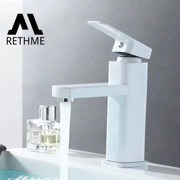 RETHME robinet de lavabo de salle de bains blanc, robinet de lavabo carré, eau chaude et froide, robinet d'eau mixte, robinet de vanité, robinet de lavabo monté sur le pont