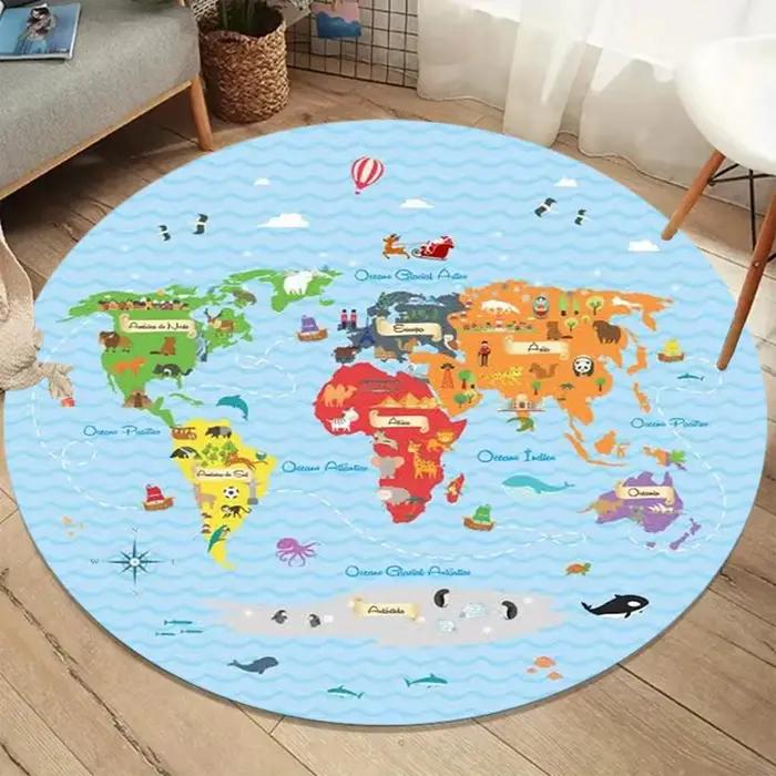 Tapis éducatif pour enfants avec carte du monde ronde, antidérapant, doux, lavable, imprimé d'animaux, pour la crèche, la salle de jeux, la salle de classe