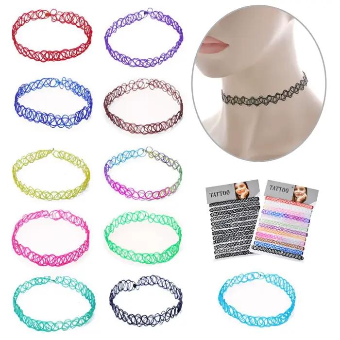 12 pièces/ensemble couleur mixte tatouage arc-en-ciel Sautoirs Vintage gothique Punk élastique collier femmes bijoux tenue de fête décoration pour les filles