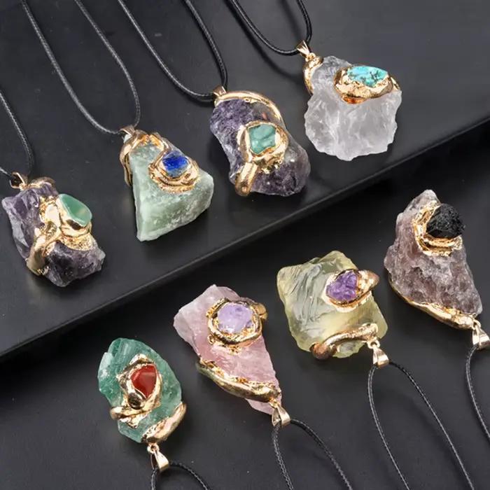 Collier avec pendentif rugueux en pierre naturelle pour hommes et femmes