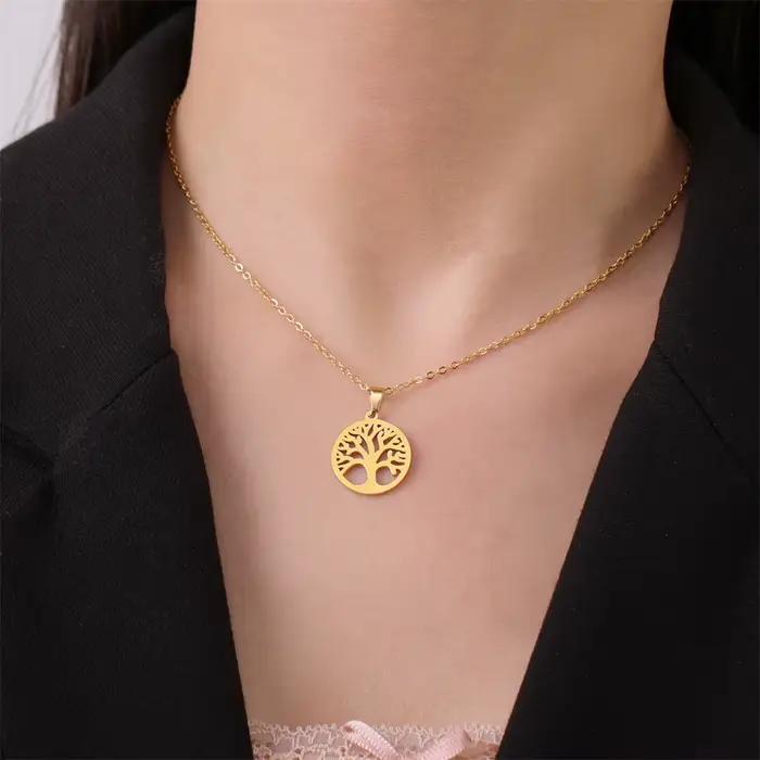 Arbre de vie femmes Collier pendentif rond en acier inoxydable