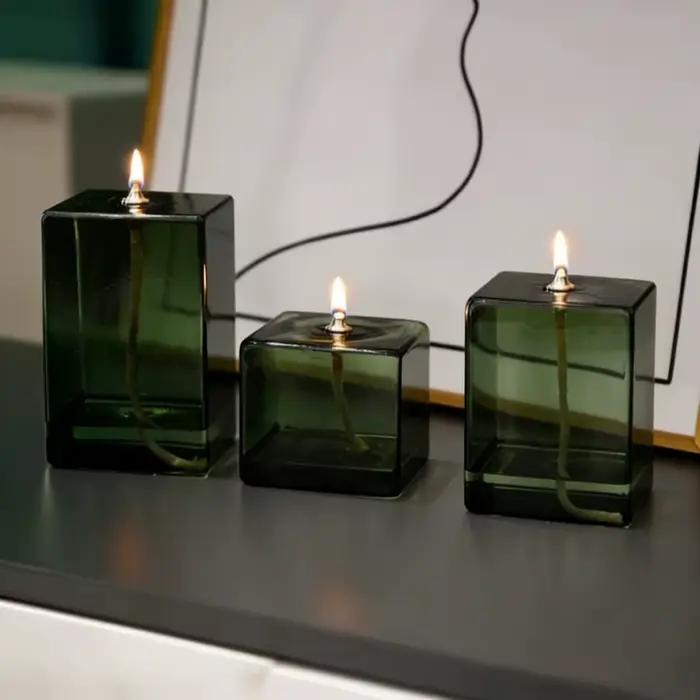 Porte-bougie en verre européen, lampe à huile créative sans fumée, couleur verte, porte-bougie carré, décoration de bureau à domicile, cadeau